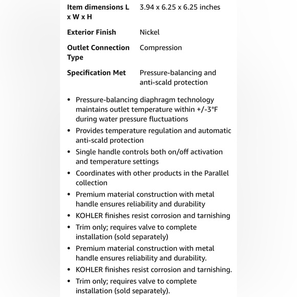 KOHLER Ts23501-4-Bn Parallel Rite-Temp Shower Valve Trim, Brushed Nickel - Picture 2 of 5